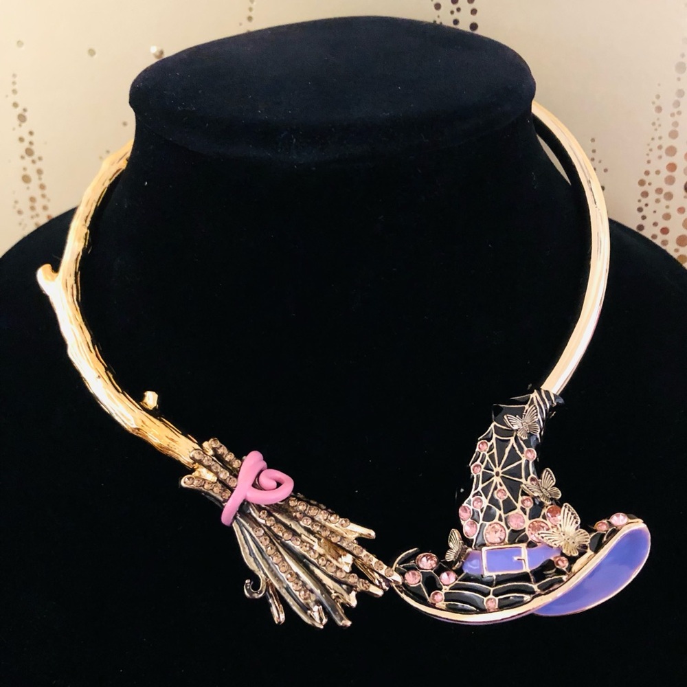 Auth. Betsey Johnson Necklace - Witch’s Hat & Broom, Hinged With Rhinestones NWT